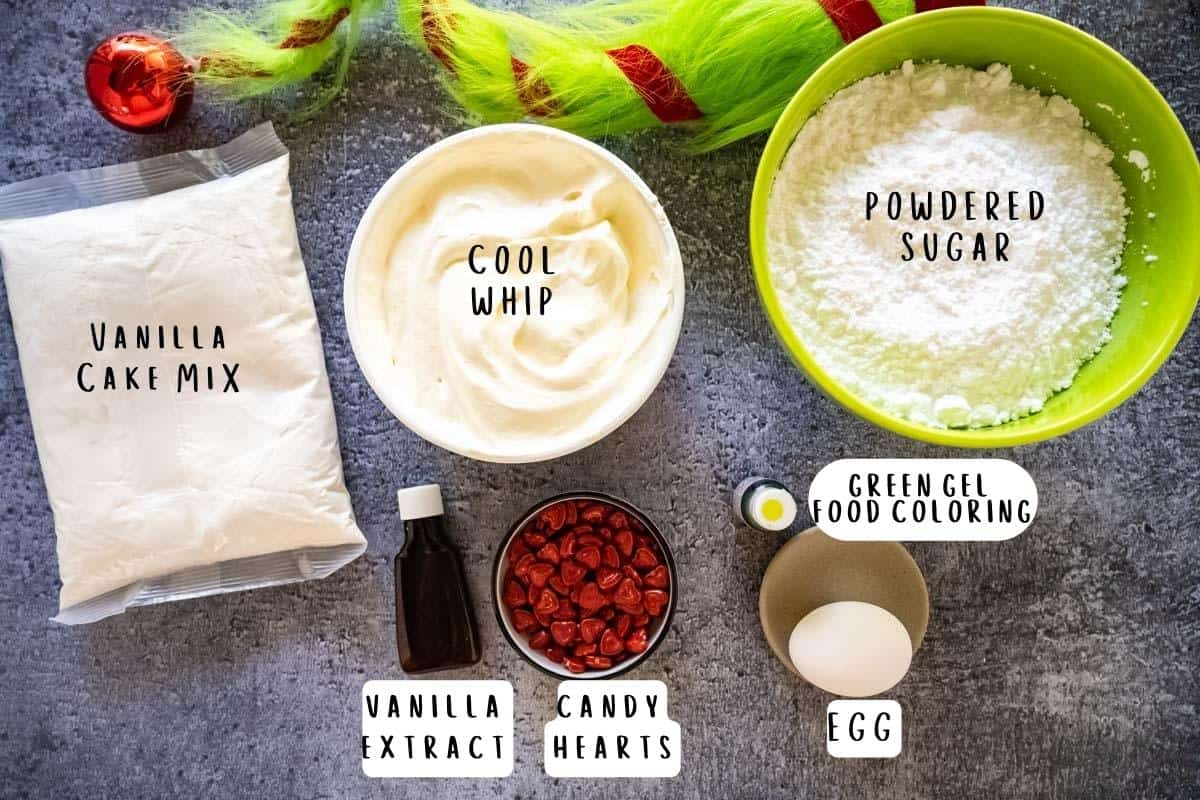 Labeled image of ingredients needed to make grinch cake mix cookies.