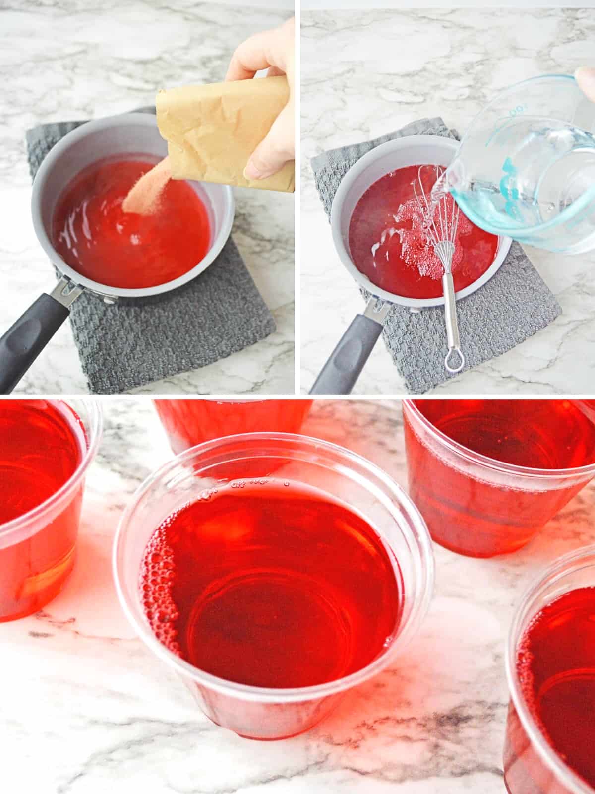 Collage image showing steps to make santa jello cups.