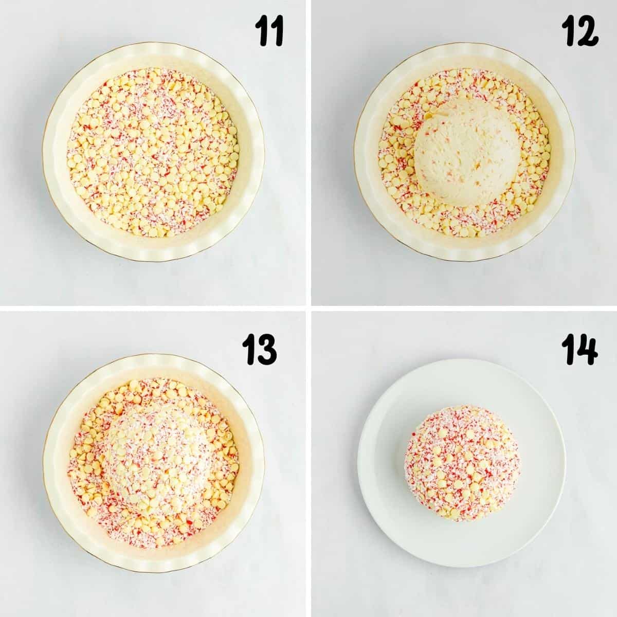 Collage image showing steps to cover cheesecake ball with peppermints and white chocolate chips.