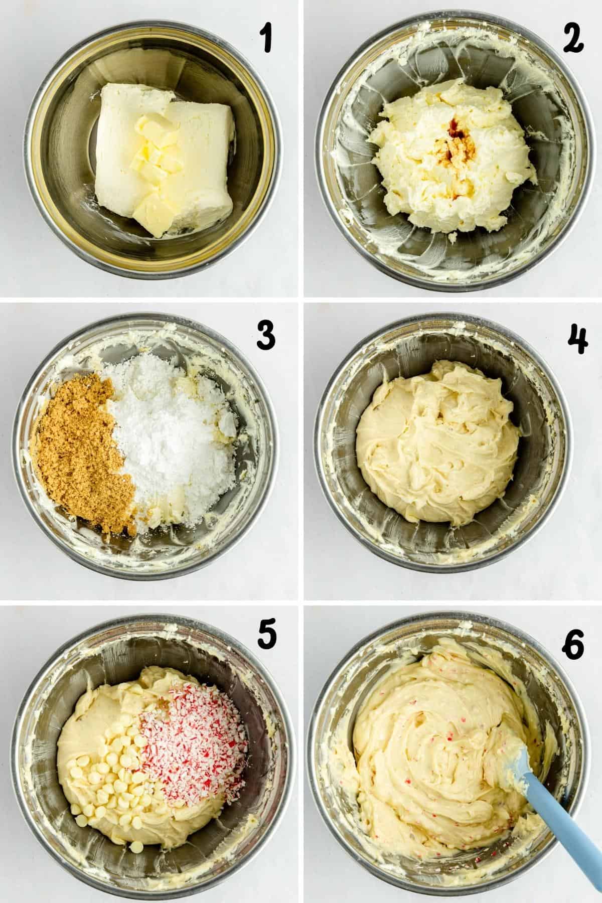Collage image showing steps to make cheesecake ball filling.