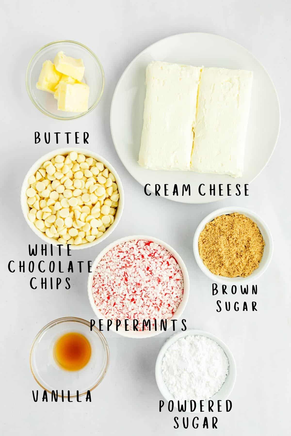 Labeled ingredients needed to make White Chocolate Peppermint Cheesecake Ball.