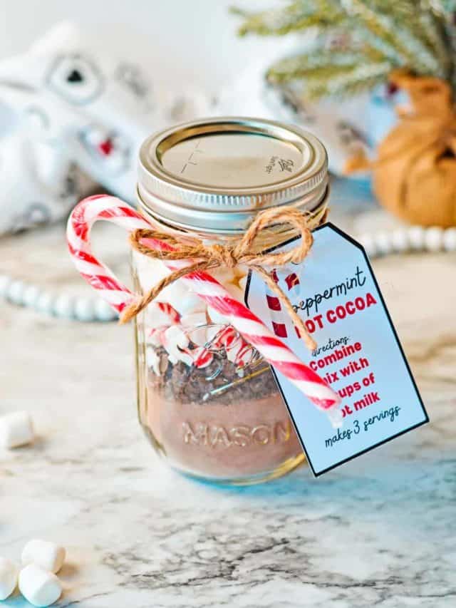A mason jar with hot cocoa mix, chocolate chips, crushed peppermint, and marshmallows labeled with an instruction tag.