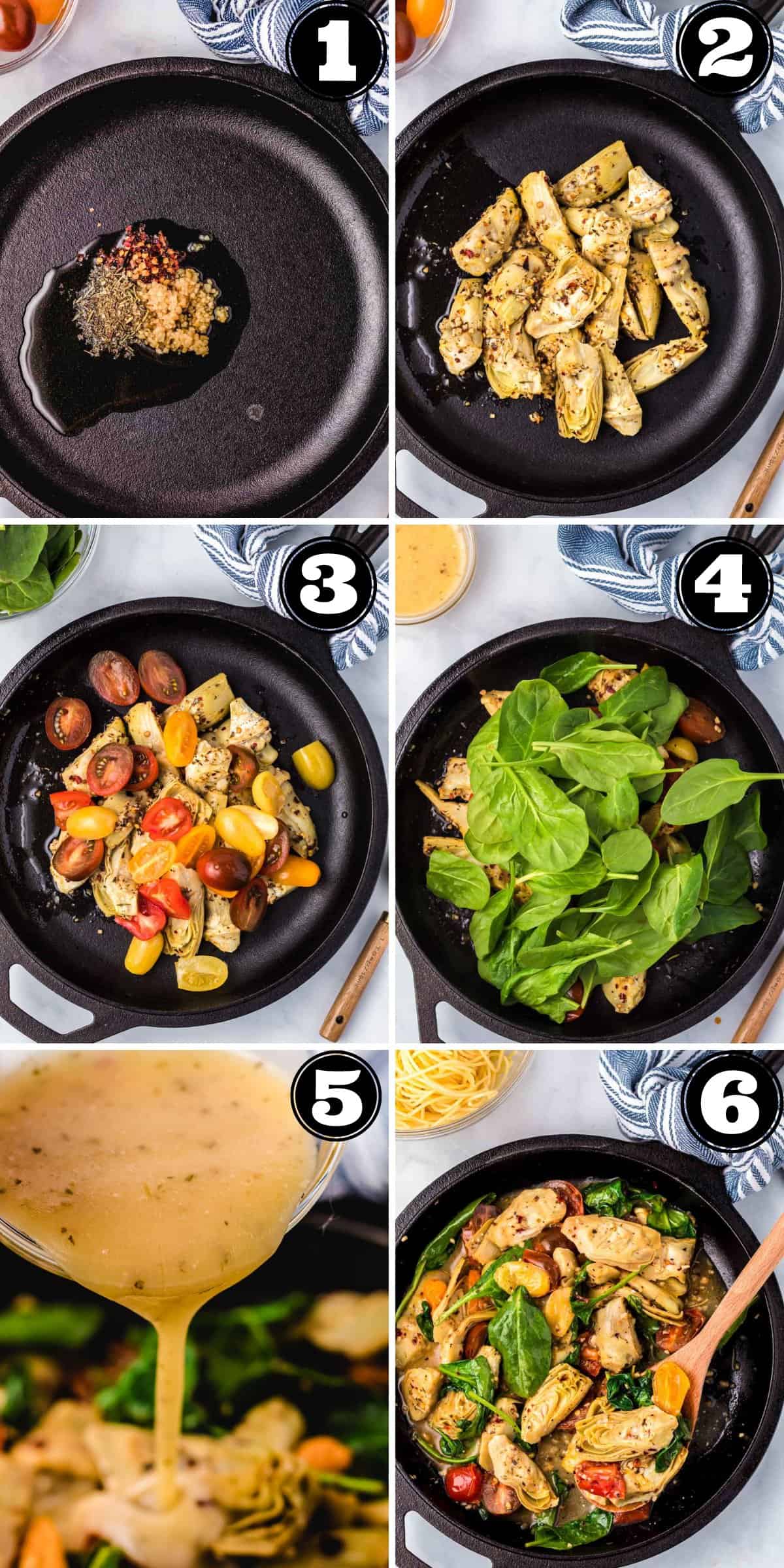 Collage image showings easy steps to making Italian artichoke medley in a skillet.