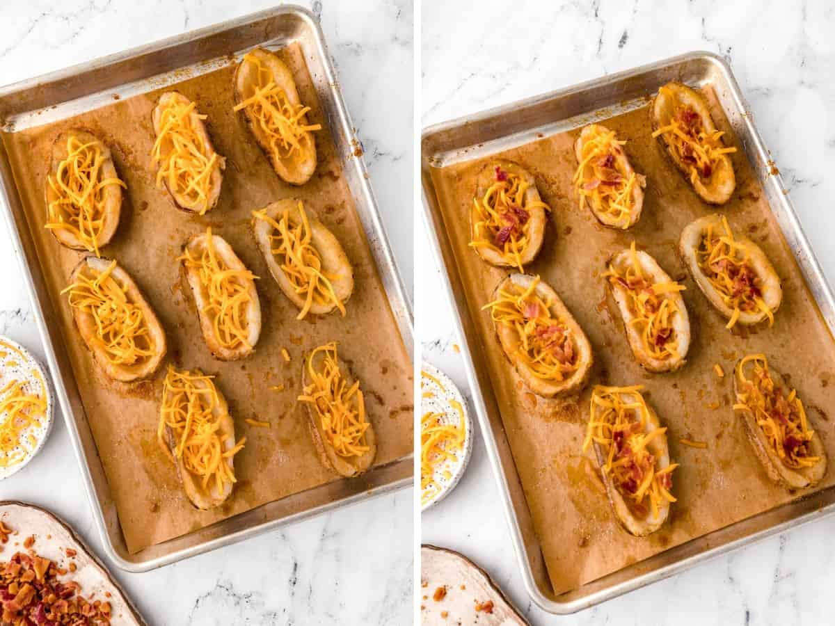 Collage image showing adding cheese to potato skins and then bacon being added before going into the oven.
