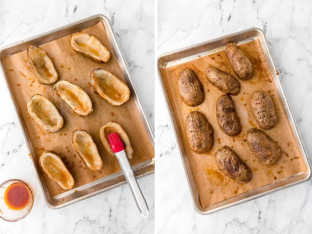 Image collage showing applying seasoned oil mixture to top and bottom of halved potato skins