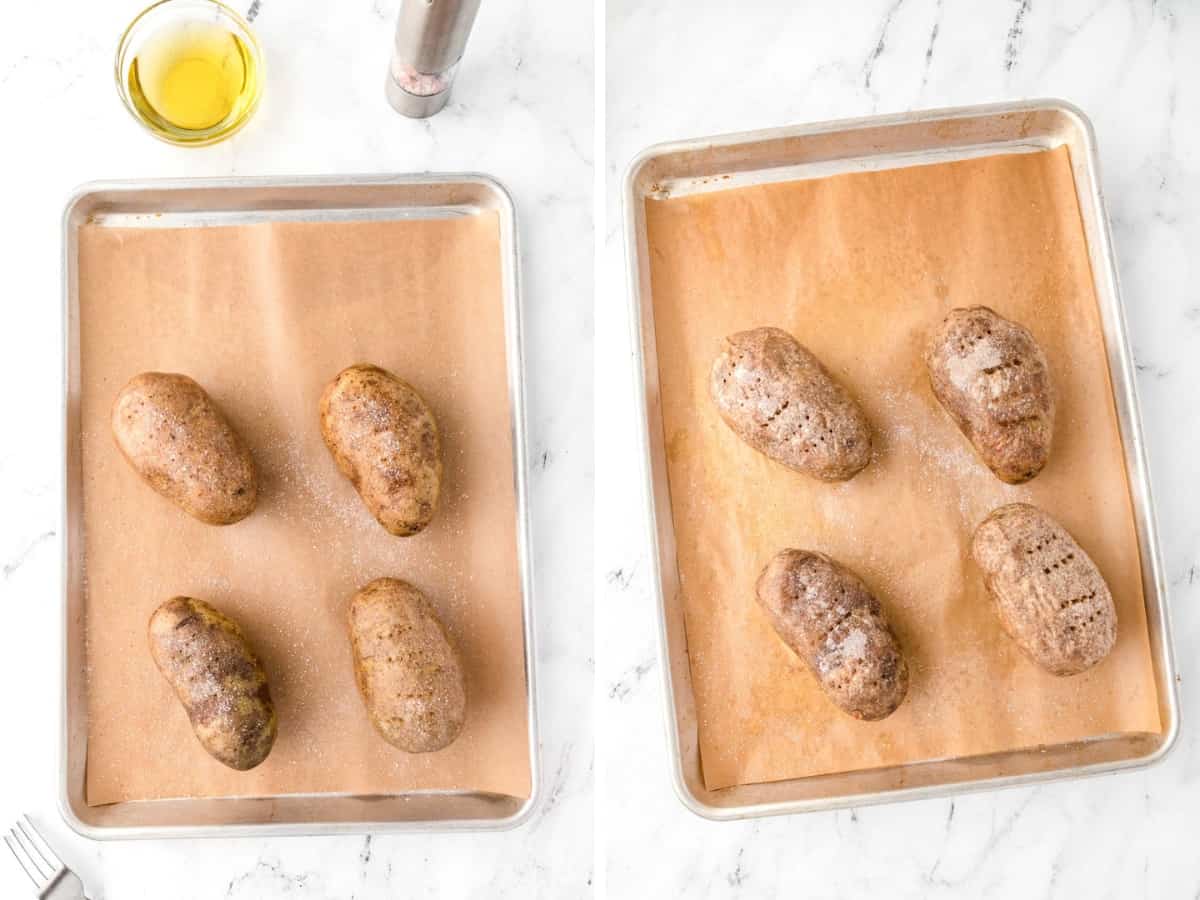 Collage image showing russet potatoes after coated with olive oil and salt and then after being baked.