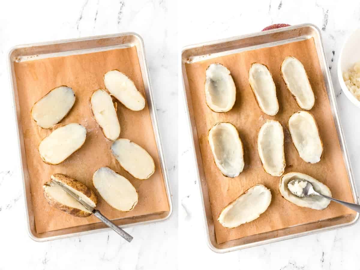 Collage images showing baked potatoes being halved and then scooped out with a spoon.