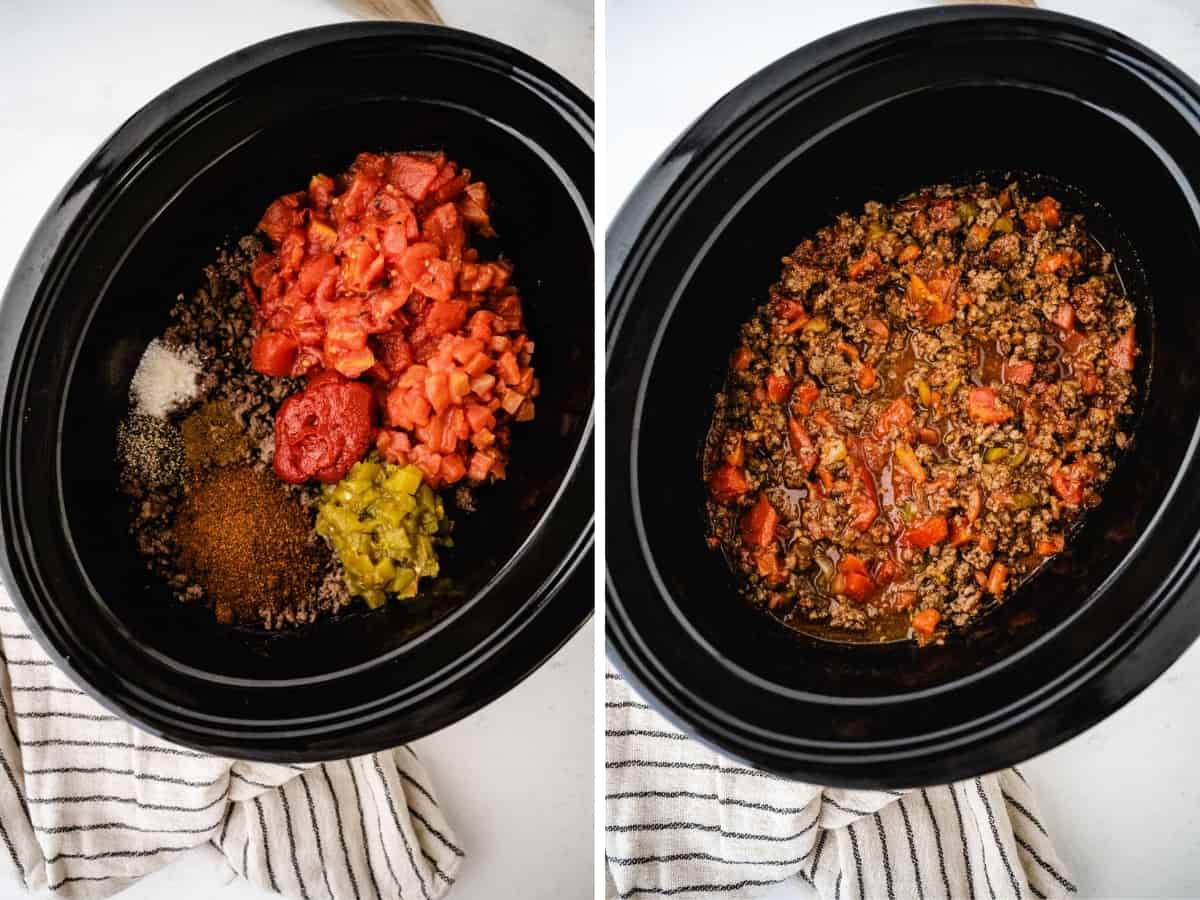 Two side-by-side images of ingredients added to the slow cooker and the second image of the ingredients stirred together in the crock pot.