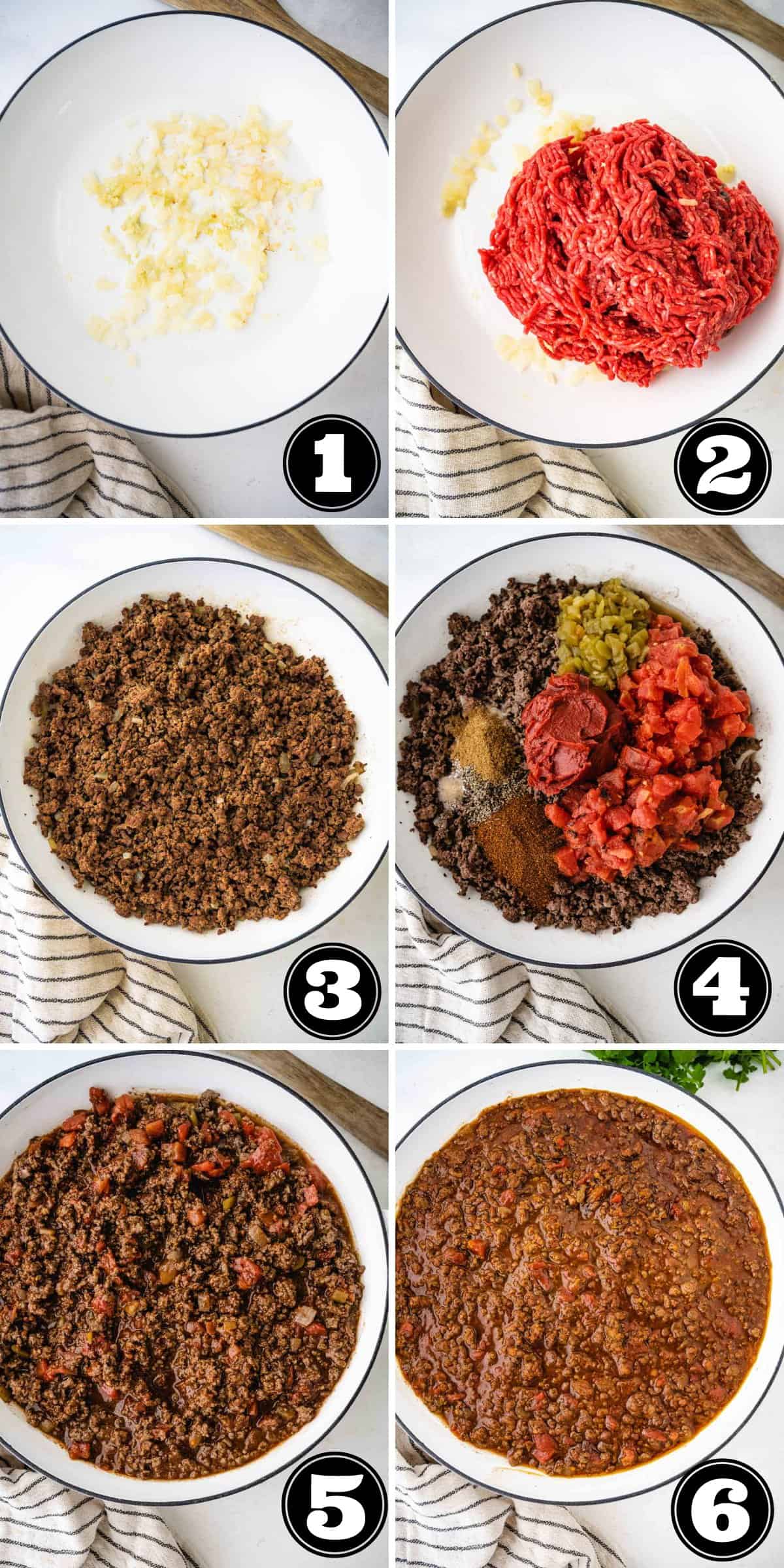 Numbered collage images of steps to make low-carb keto chili.
