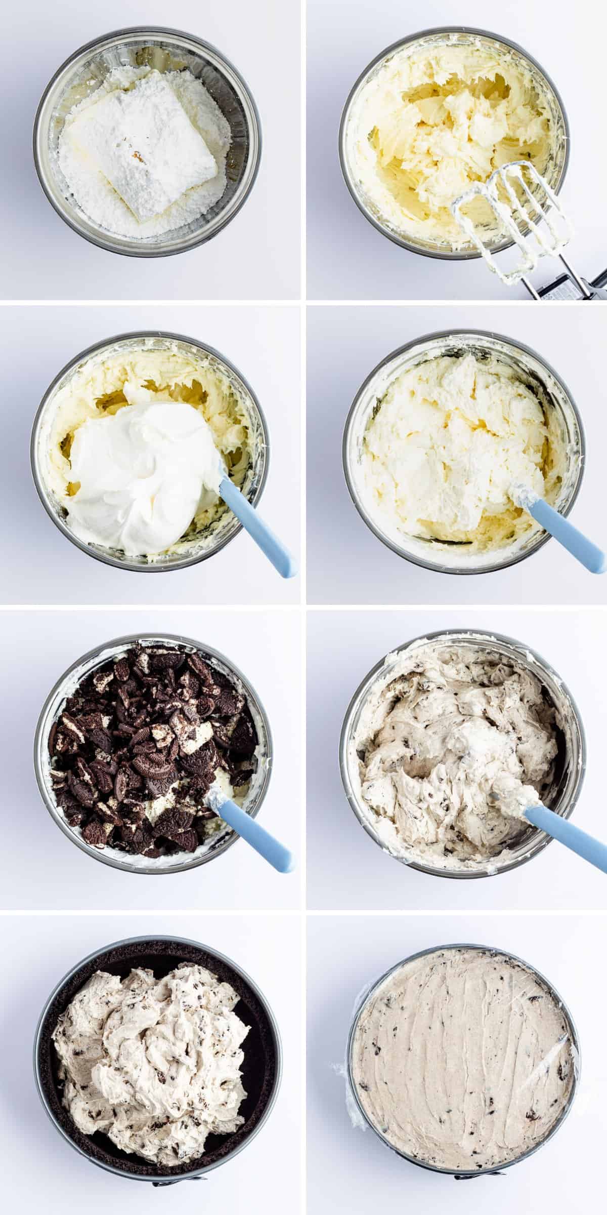 Collage image showing steps to make no bake Oreo cheesecake filling.