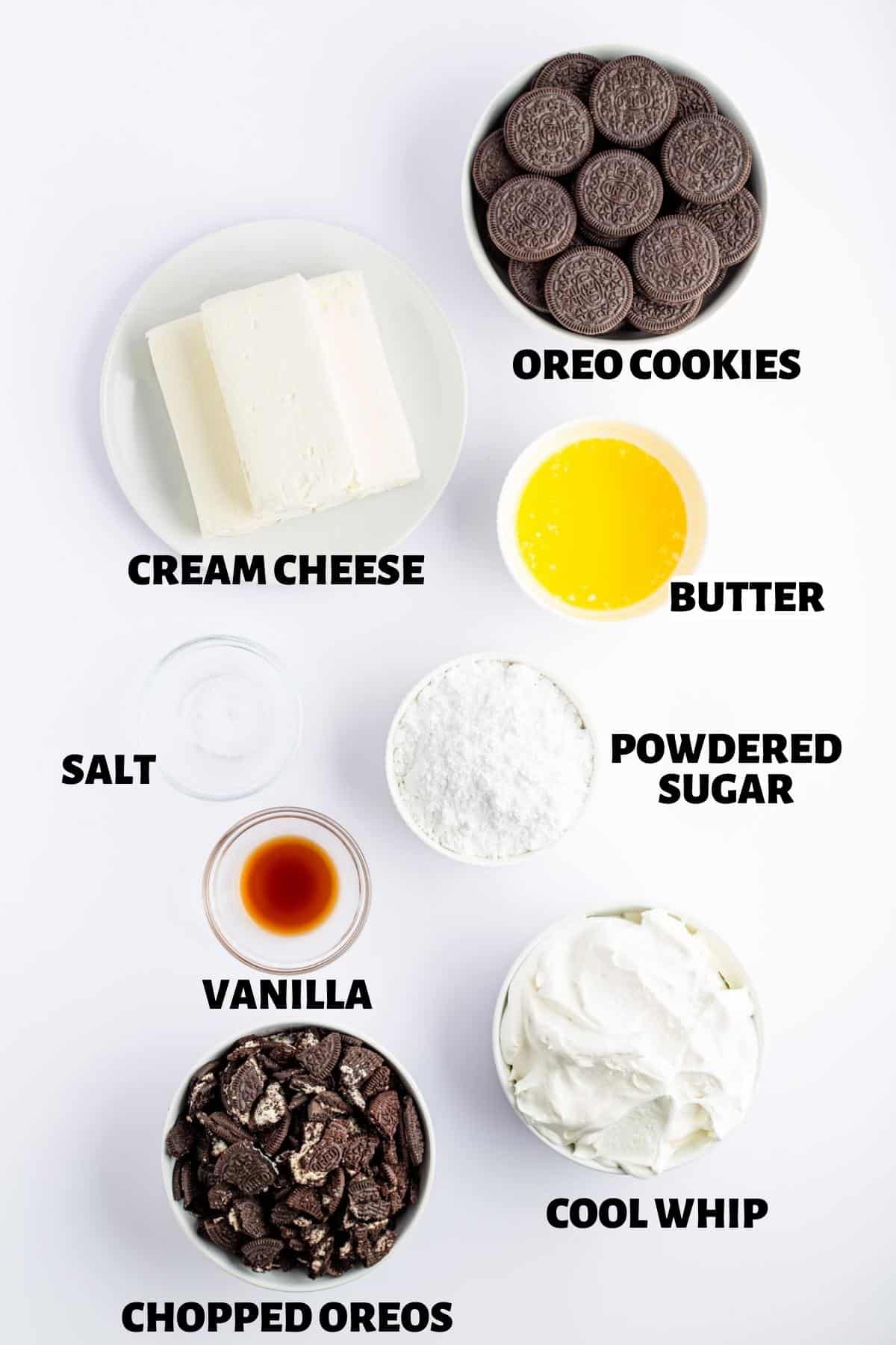 Labeled image of ingredients needed to make no bake Oreo Cheesecake.
