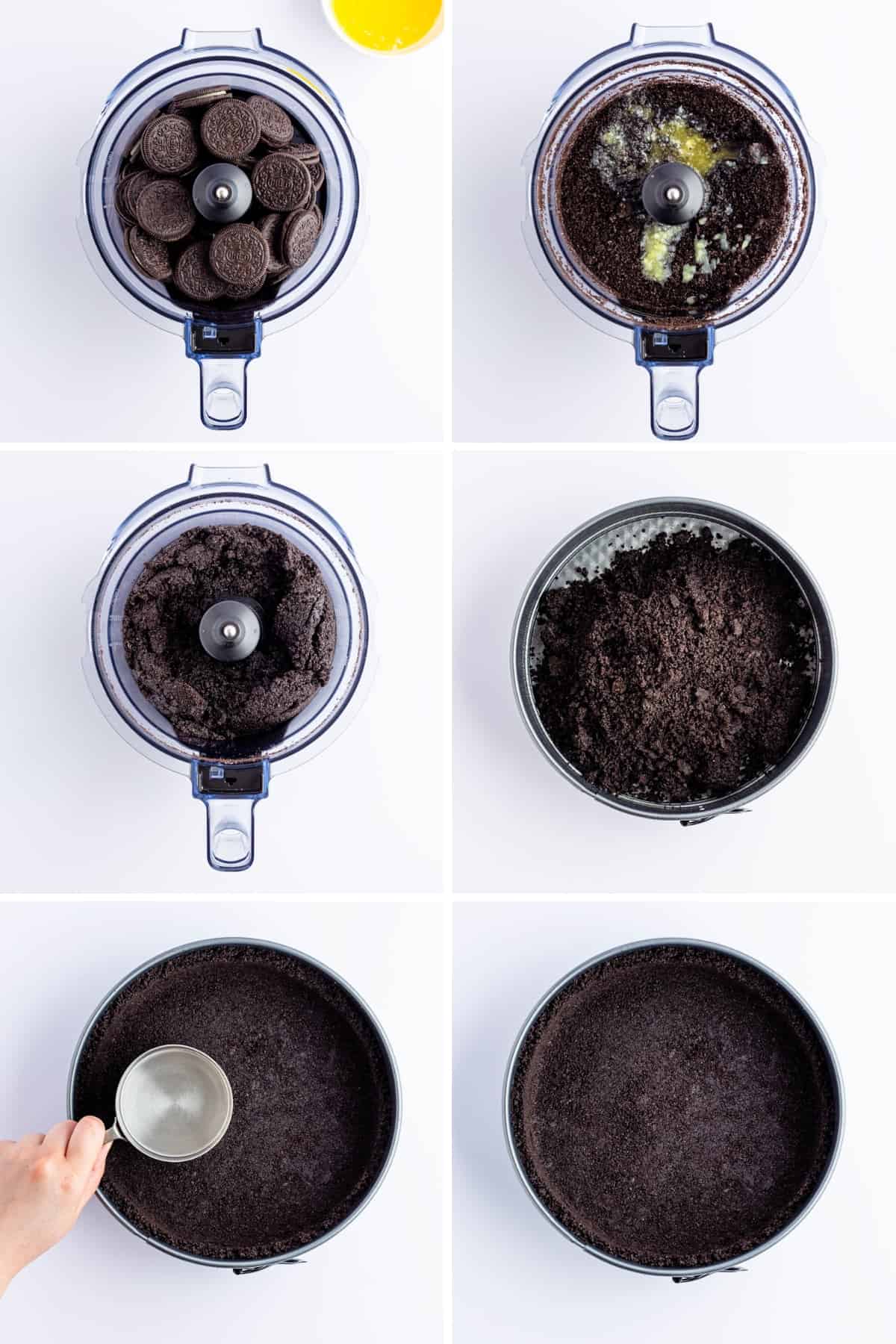 Collage image showing steps to make no bake Oreo cheesecake crust.