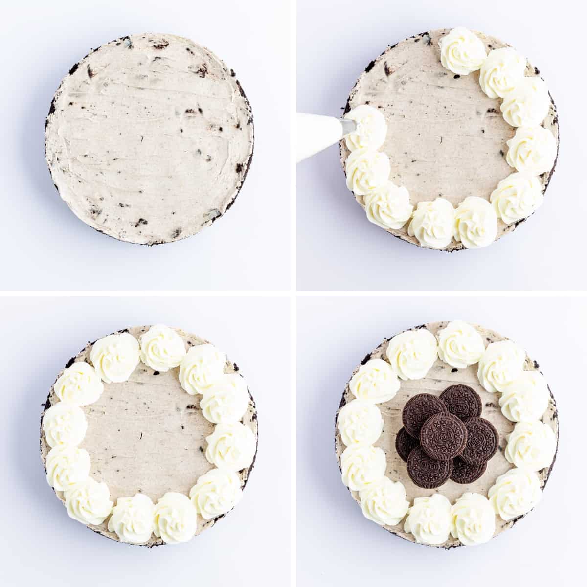 Collage image showing steps to make no bake Oreo topping.