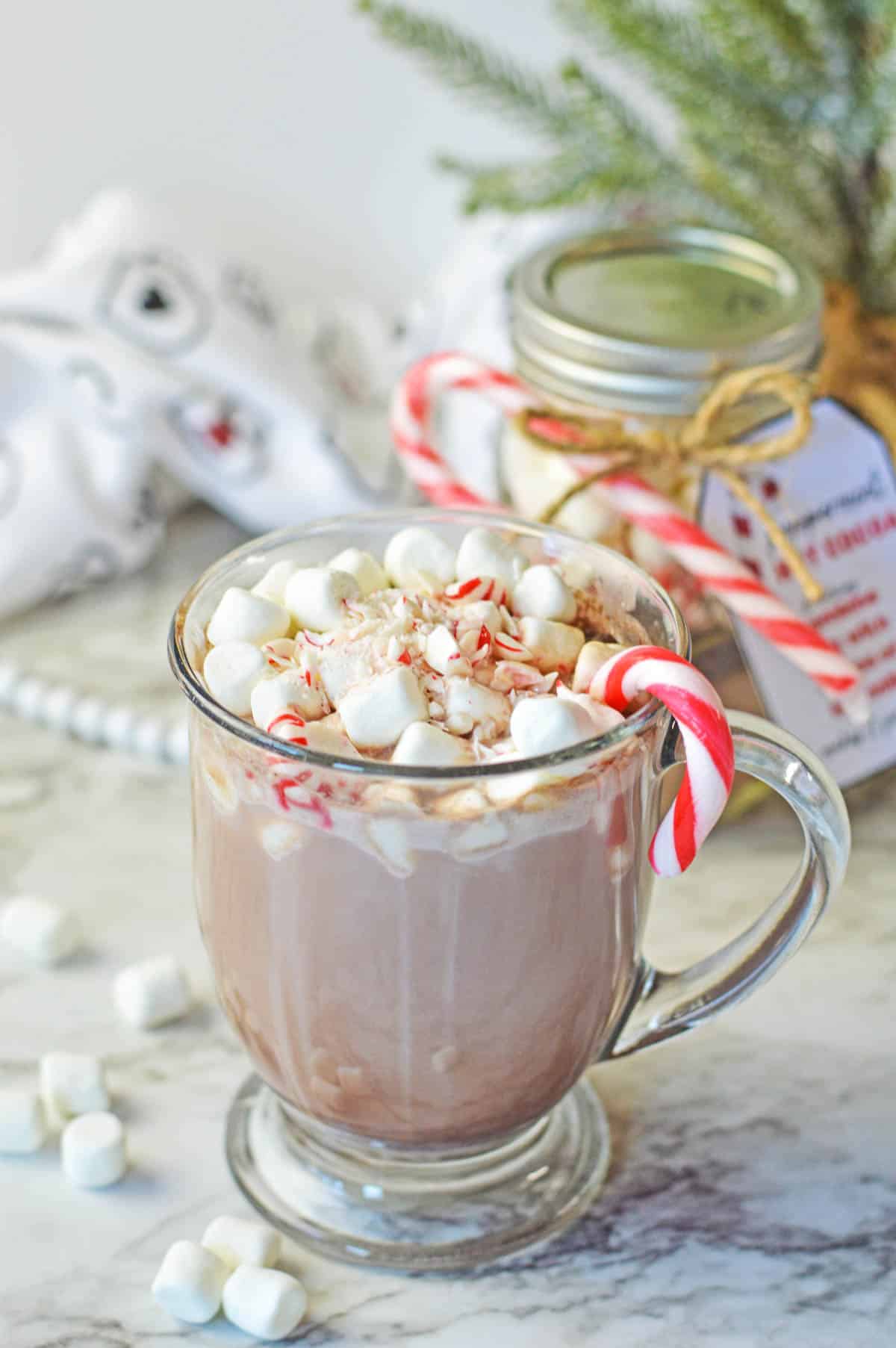 A glass mug filled with peppermint hot chocolate.