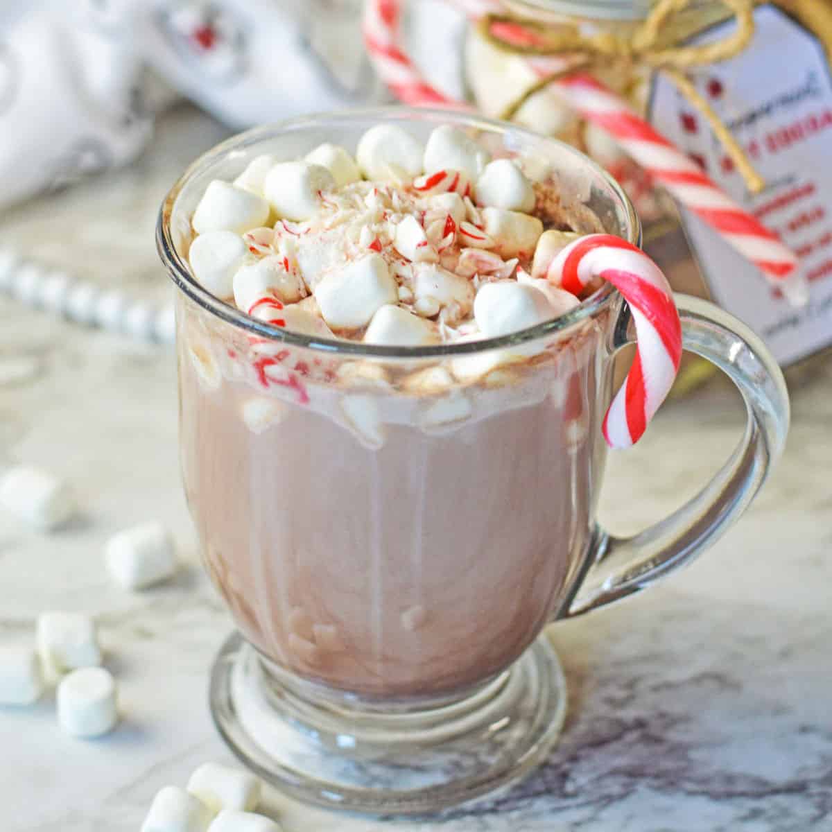 A cup of peppermint hot cocoa in a glass mug topped with crushed peppermints and mini marshmallows.
