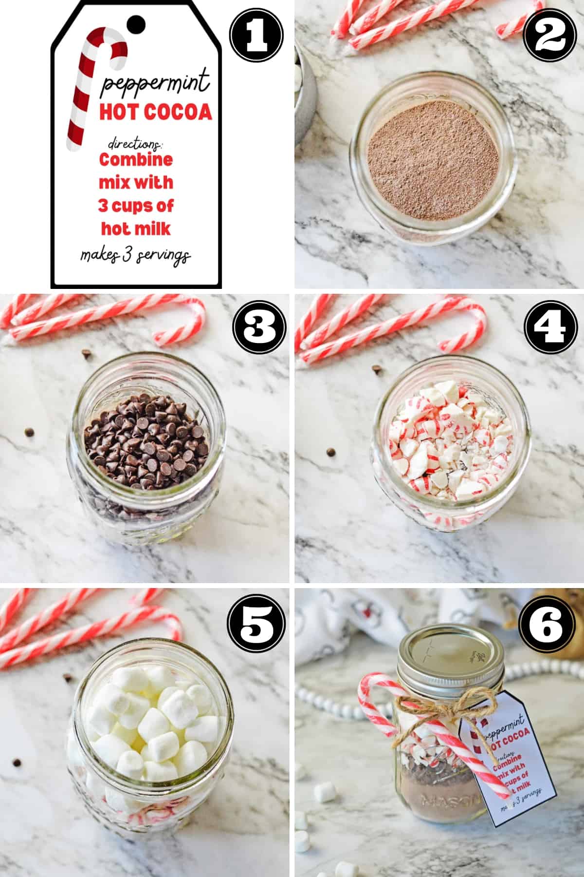 A collage image showing numbered steps to make peppermint hot cocoa in a jar.