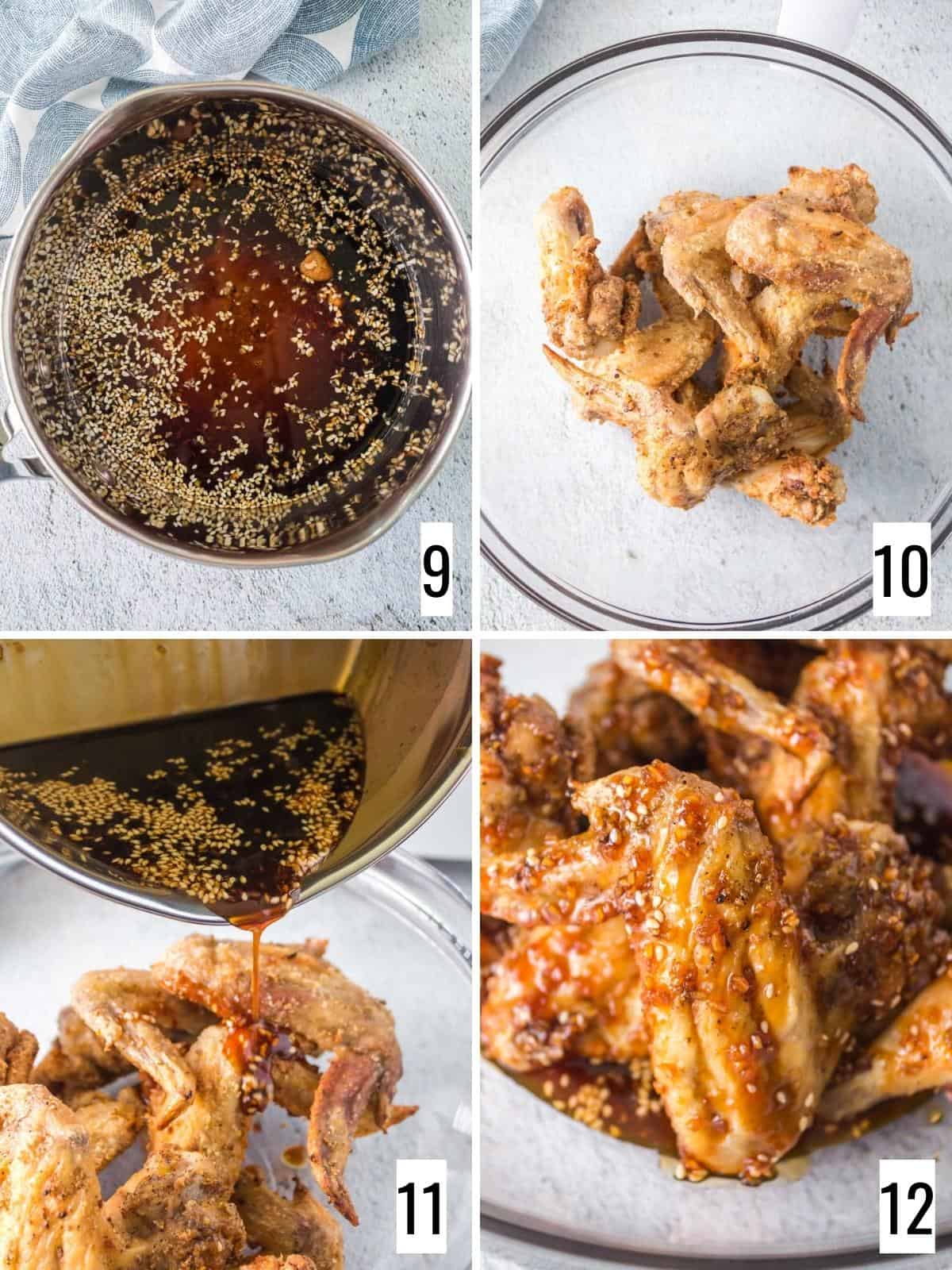 Step-by-step photos showing adding honey garlic sauce to air-fried chicken wings.