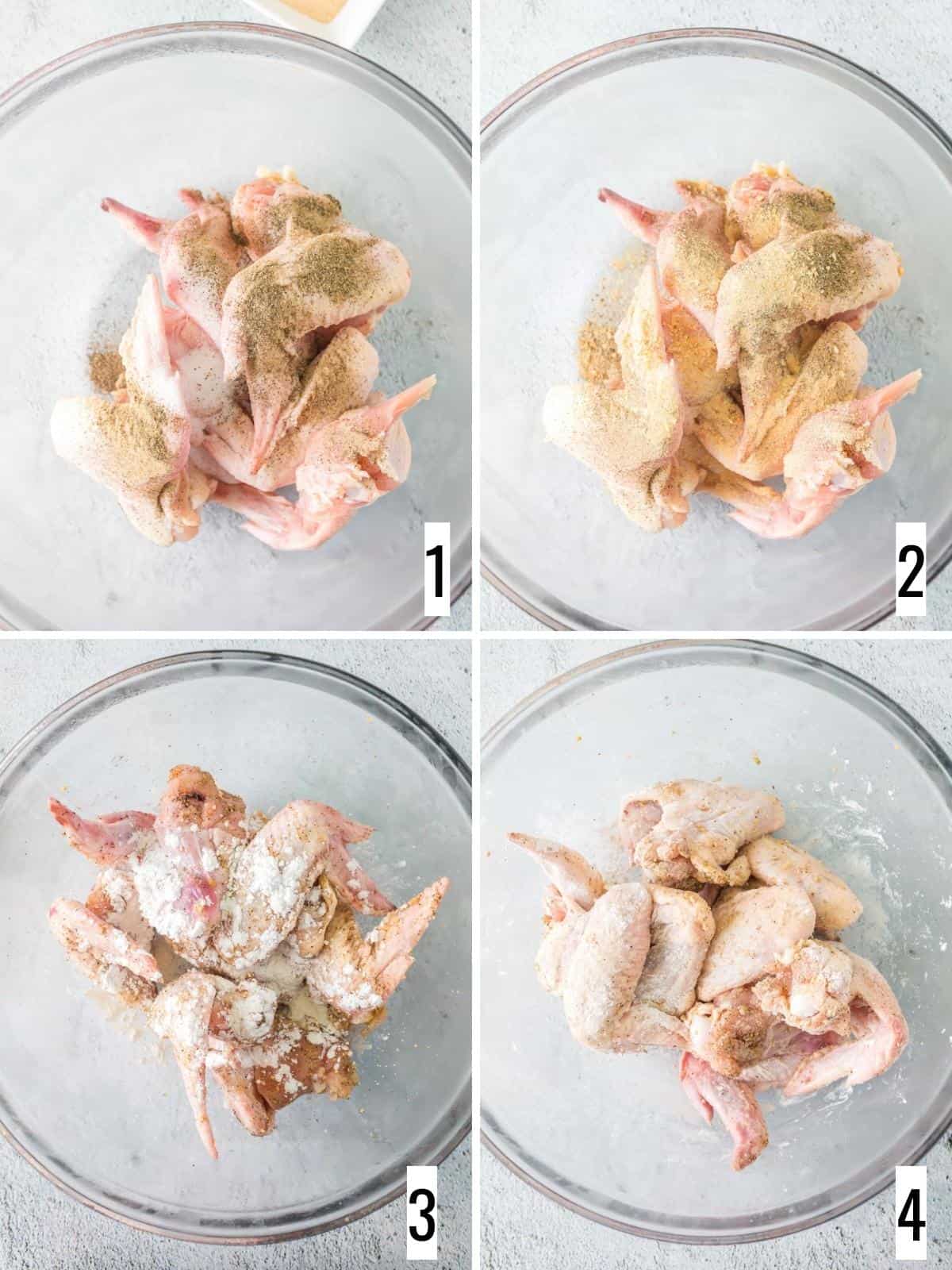 Step-by-step photos show adding salt & pepper, then garlic, then cornstarch to chicken wings.