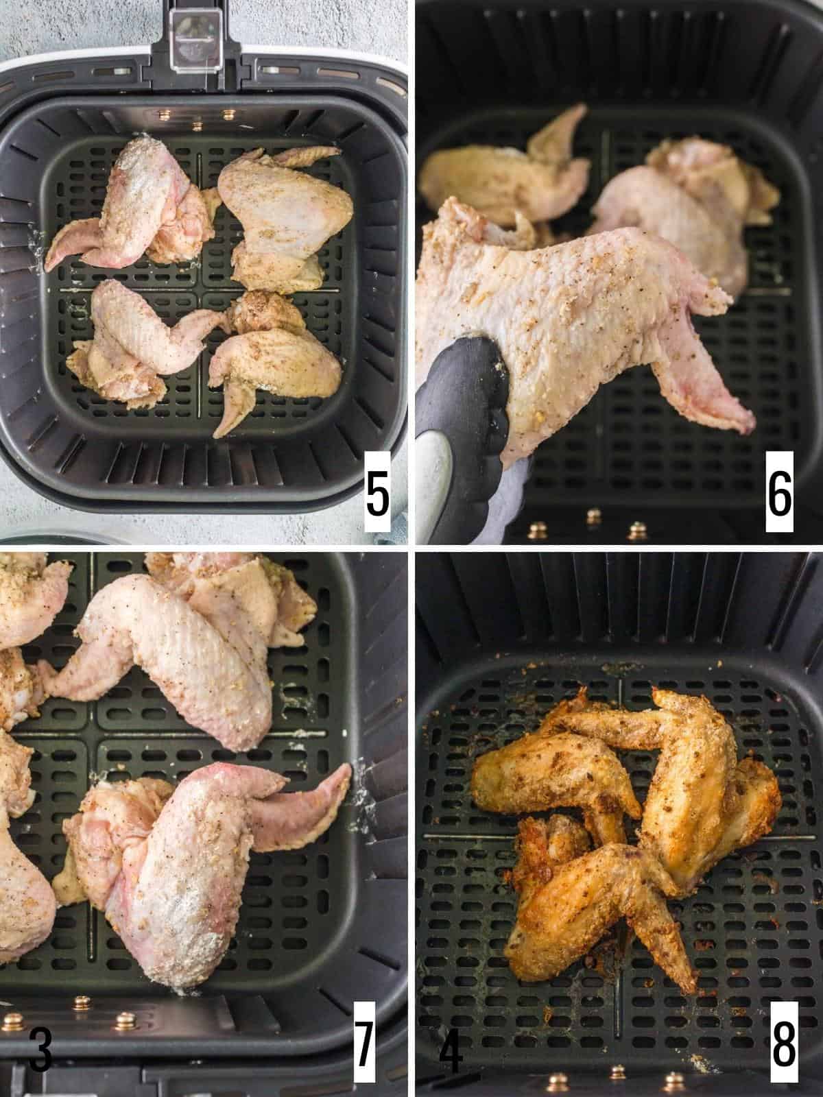 Step-by-step photos show adding seasoned chicken wings to air-fried, cooking wings, turning wings, and finishing frying.