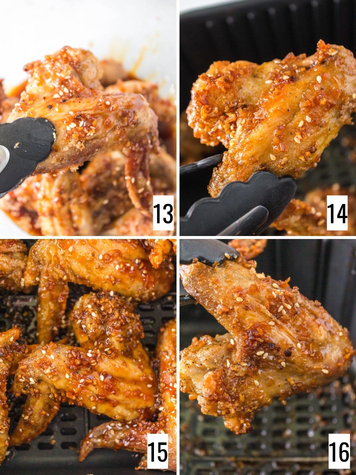 Step-by-step photos show tongs remove sauced wings from bowl, adding to air fryer, wings in bottom of air fryer, then tongs removing cooked wings.