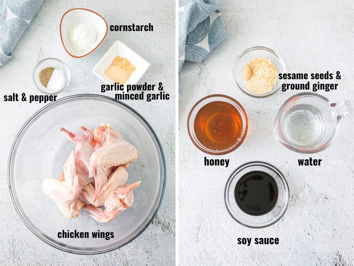 A labeled image of all the ingredients needed to make honey garlic chicken wings.