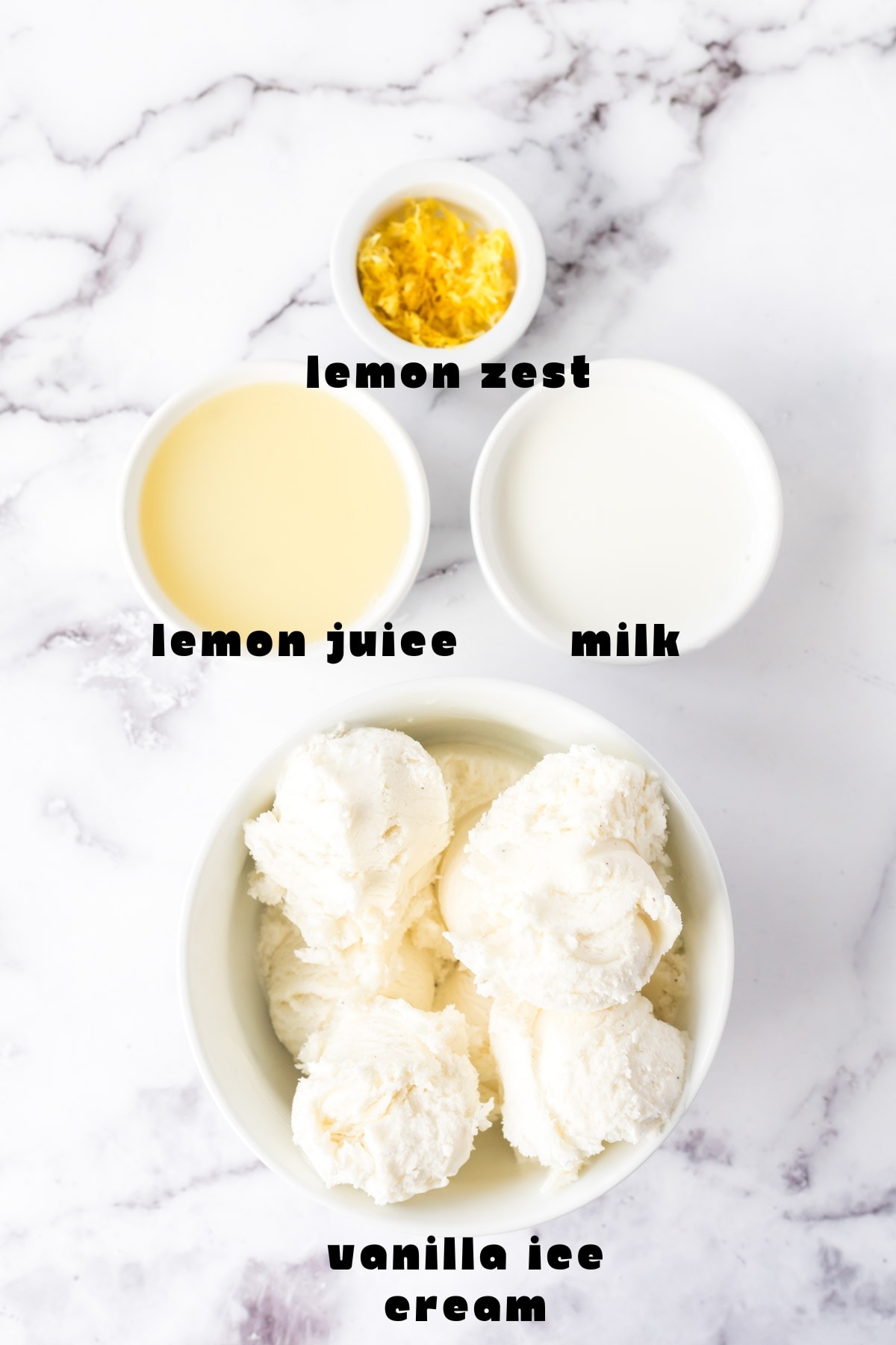 Labeled image of ingredients needed for frosted lemonade.