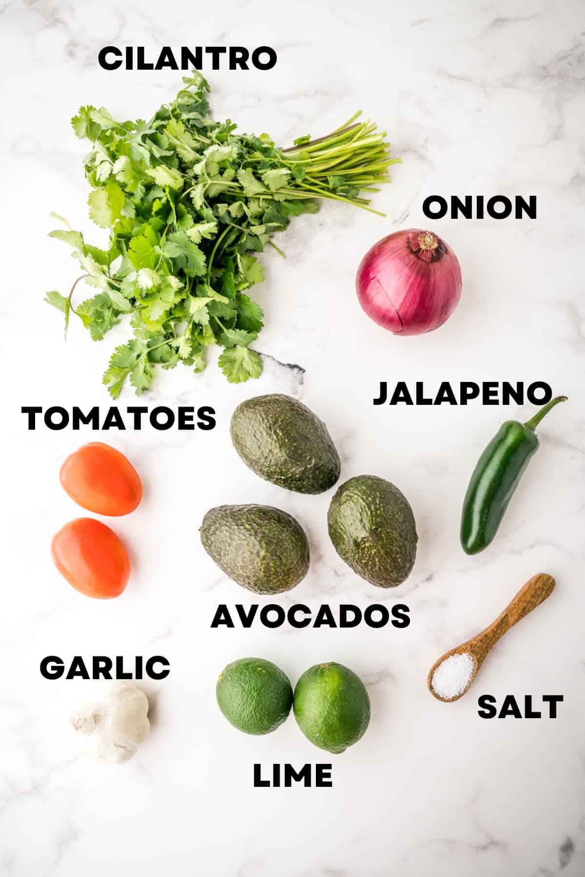A labeled image of the ingredients needed to make guacamole.