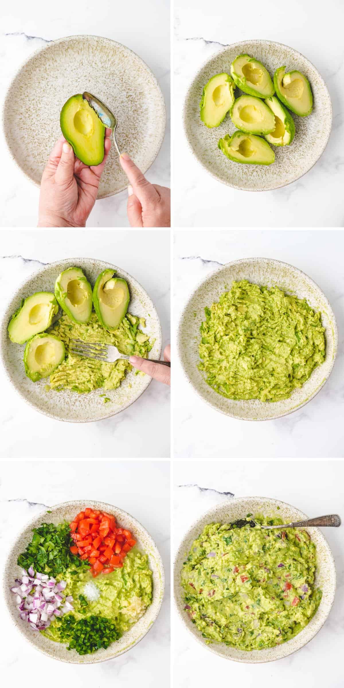 Collage image showing step-by-step how to make easy homemade guacamole.
