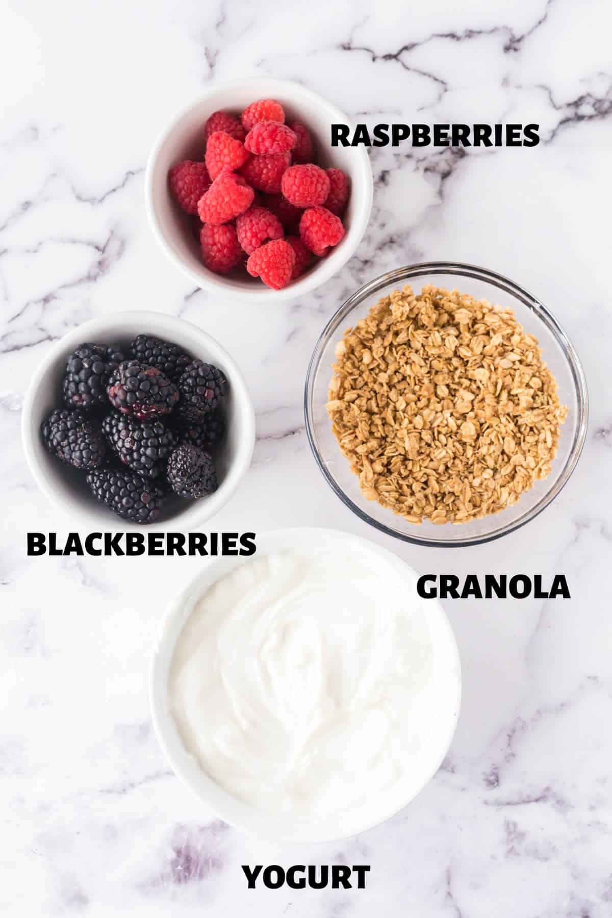 A labeled image of ingredients need to make a berry yogurt parfait.