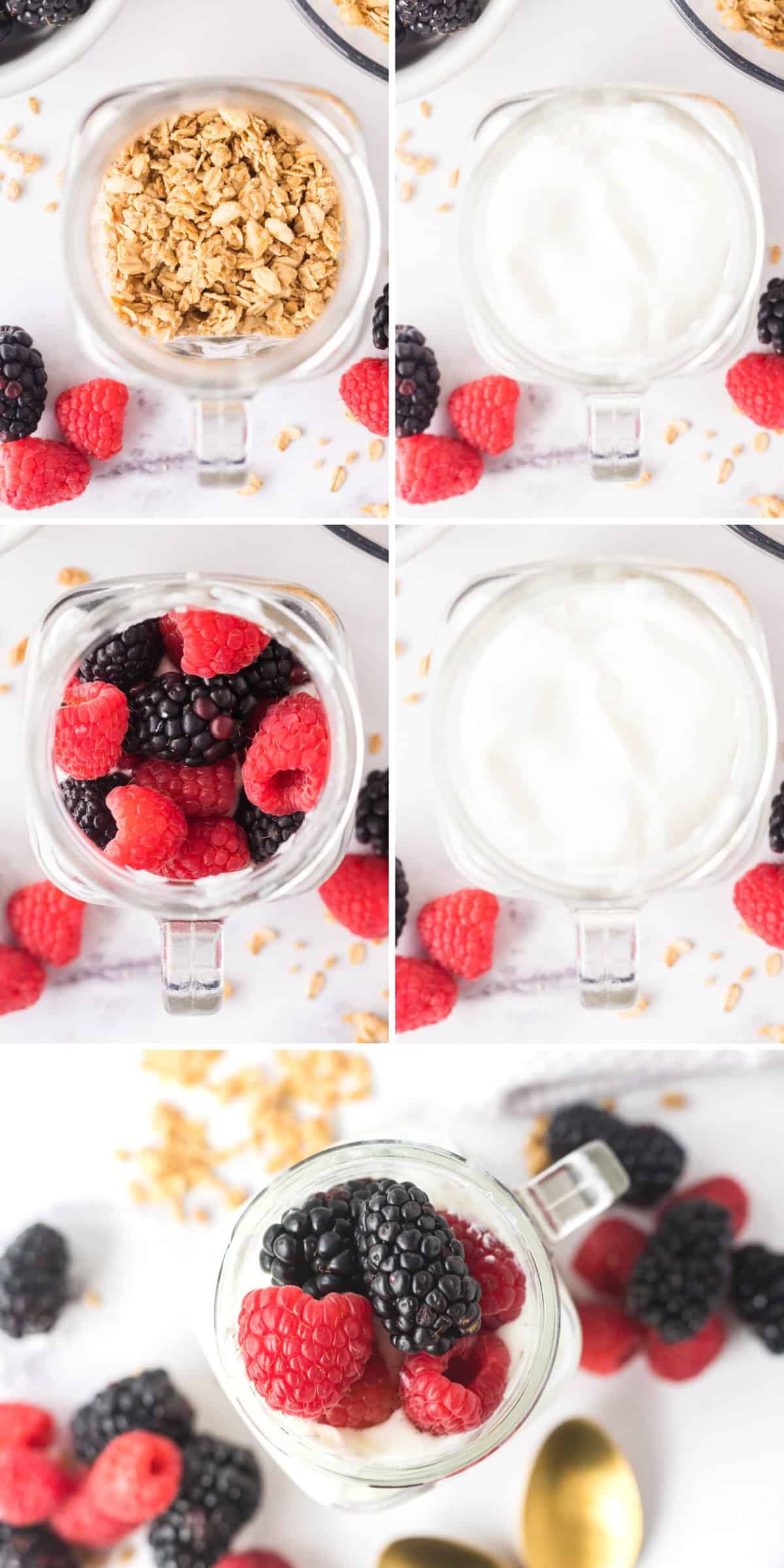 Collage image showing step-by-step layering of granola, yogurt, mixed berries, yogurt, and then topped with berries to make a berry yogurt parfait.