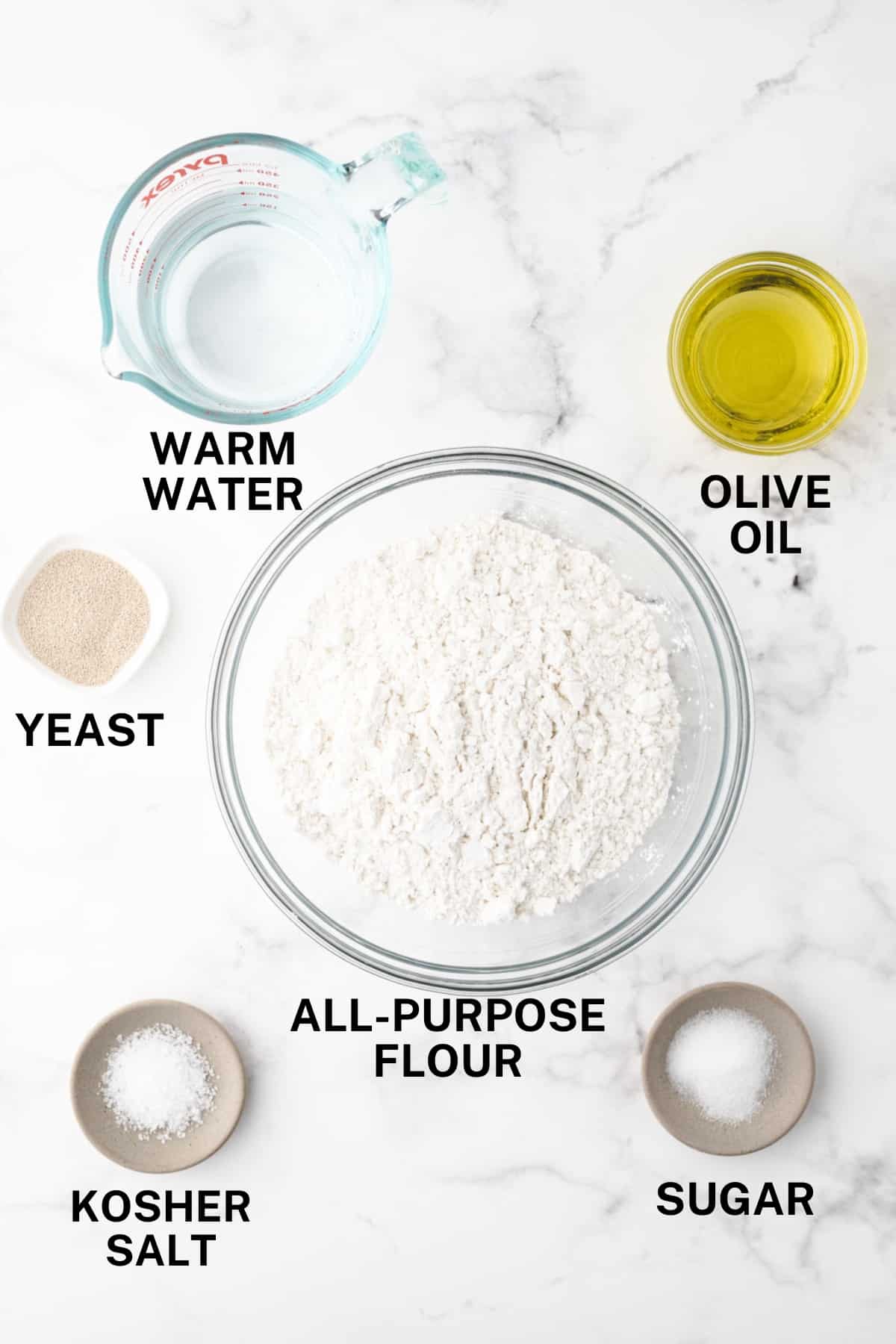 A labeled image of ingredients needed to make no-rise pizza dough.
