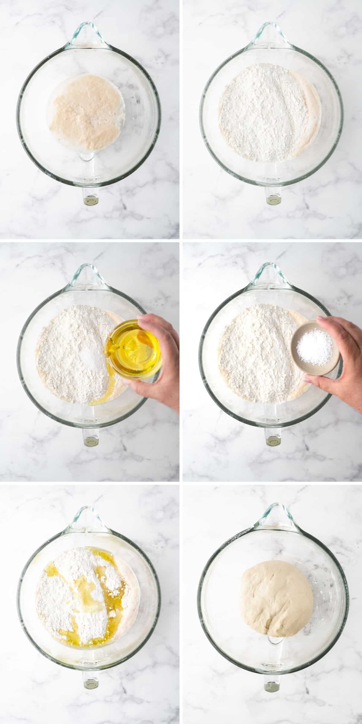 A collage image showing step-by-step images to mix pizza dough together.