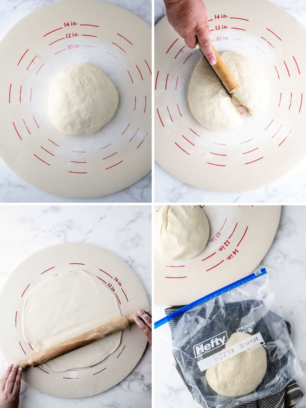 Collage image showing steps to cut the dough ball in half, how to roll it out, and storing on pizza dough in an oiled plastic freezer bag to freezer for later use.