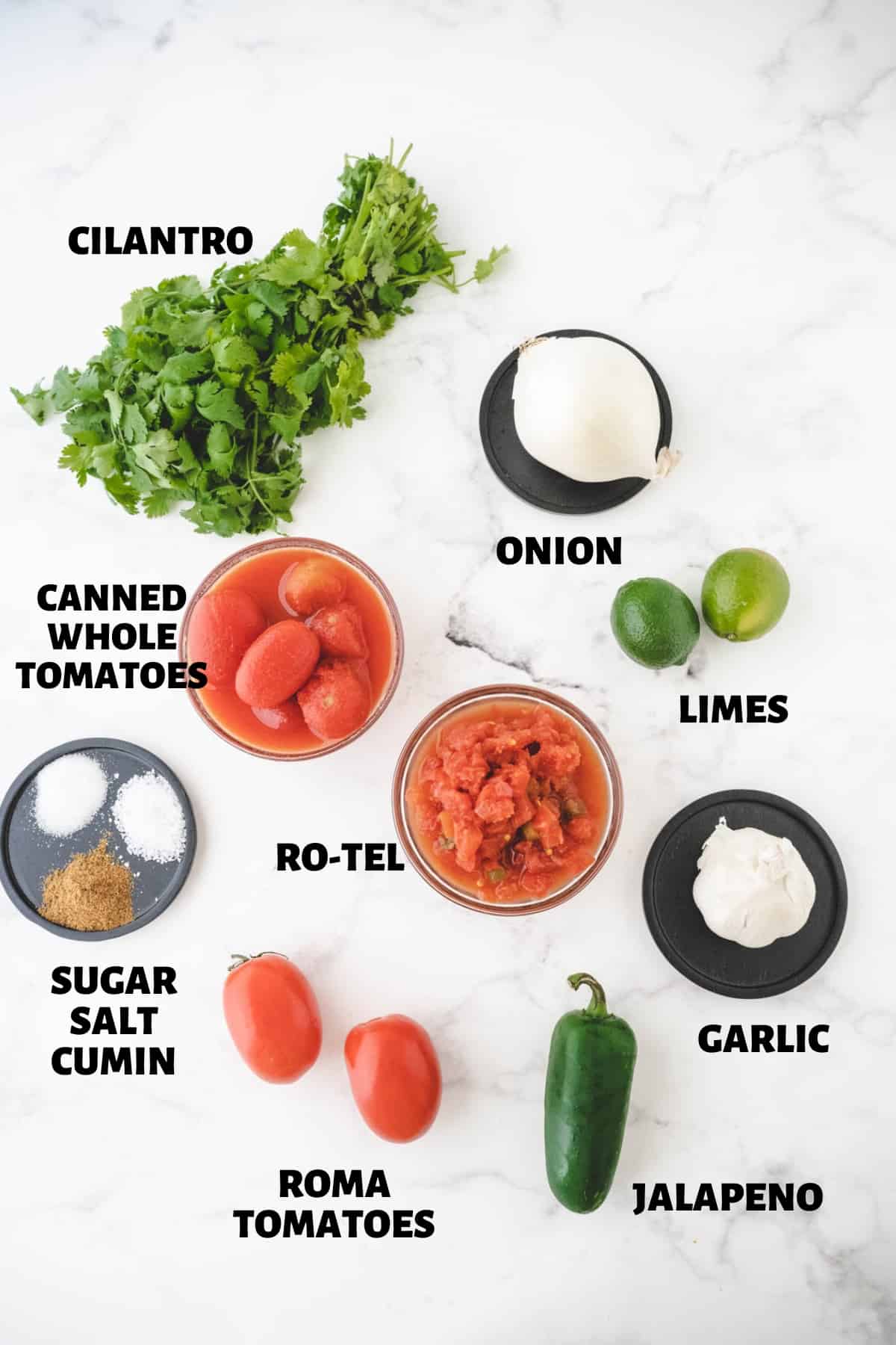 A labeled image of ingredients needed to make restaurant style salsa.