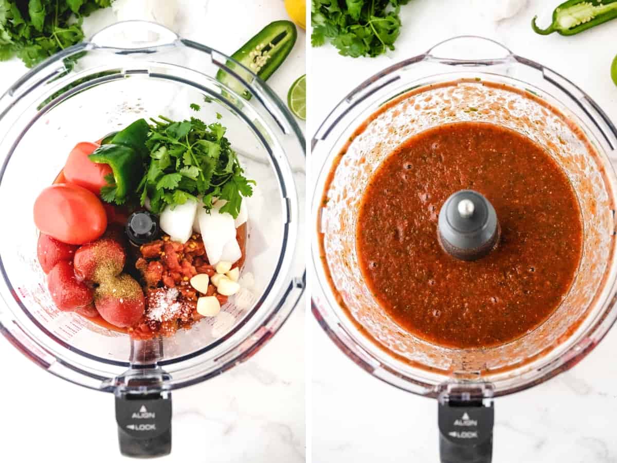 A two image collage showing all ingredients for salsa in a food processor and then after being blended.