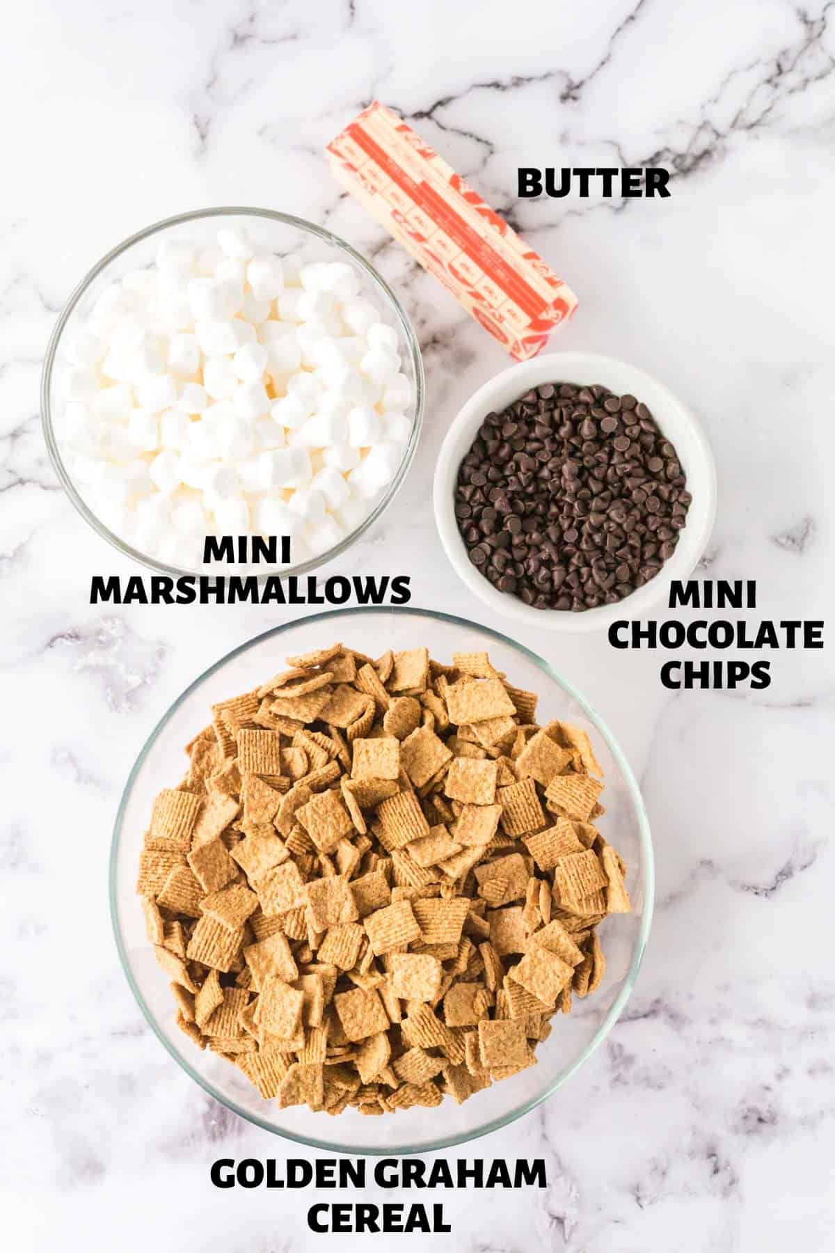 A labeled image of ingredients needed to make s'mores cereal bars.