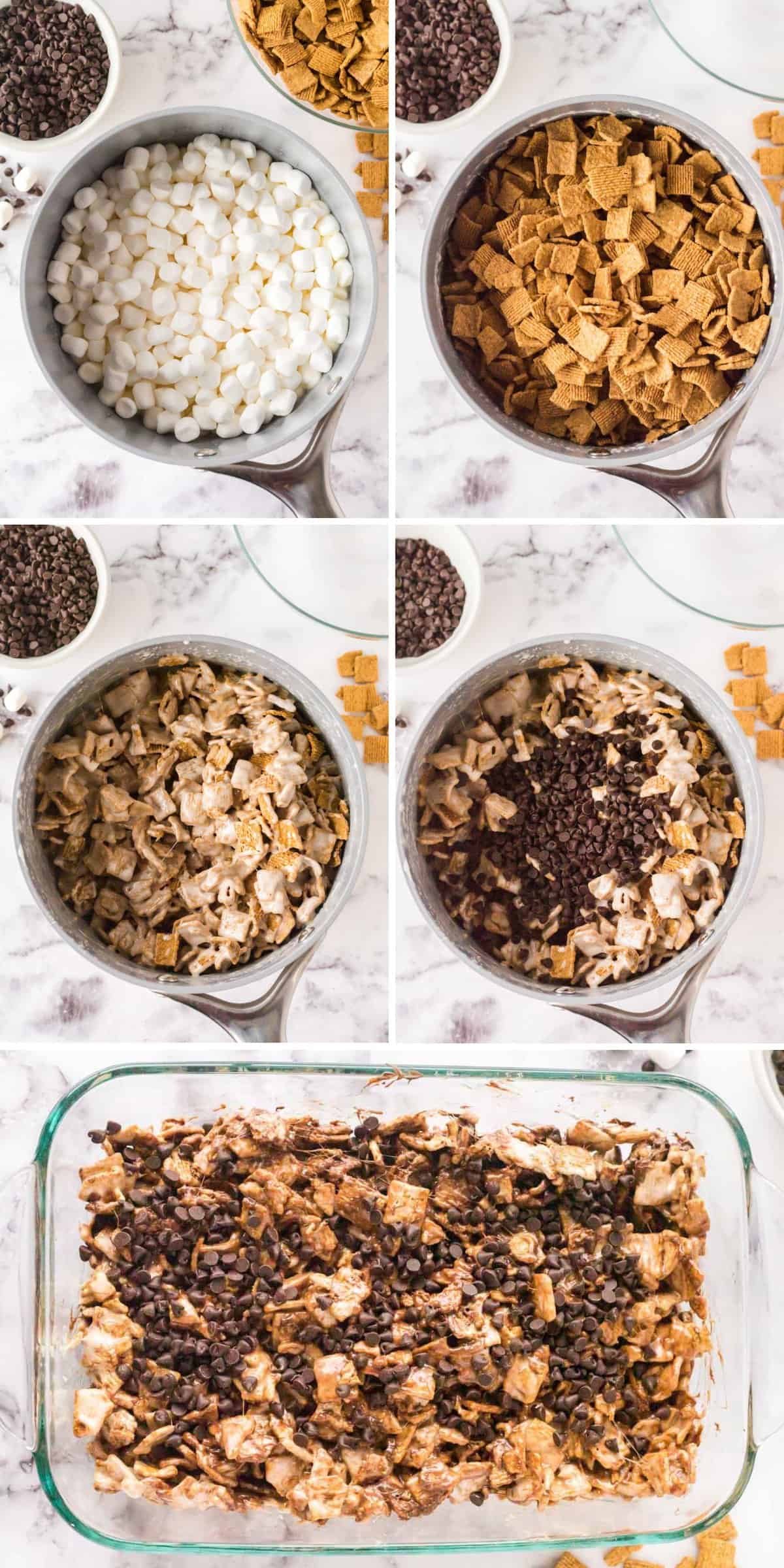 Collage image showing saucepan with marshmallows added before melting, then golden grahams cereal added, then chocolate chips added, and then poured into a glass baking dish.