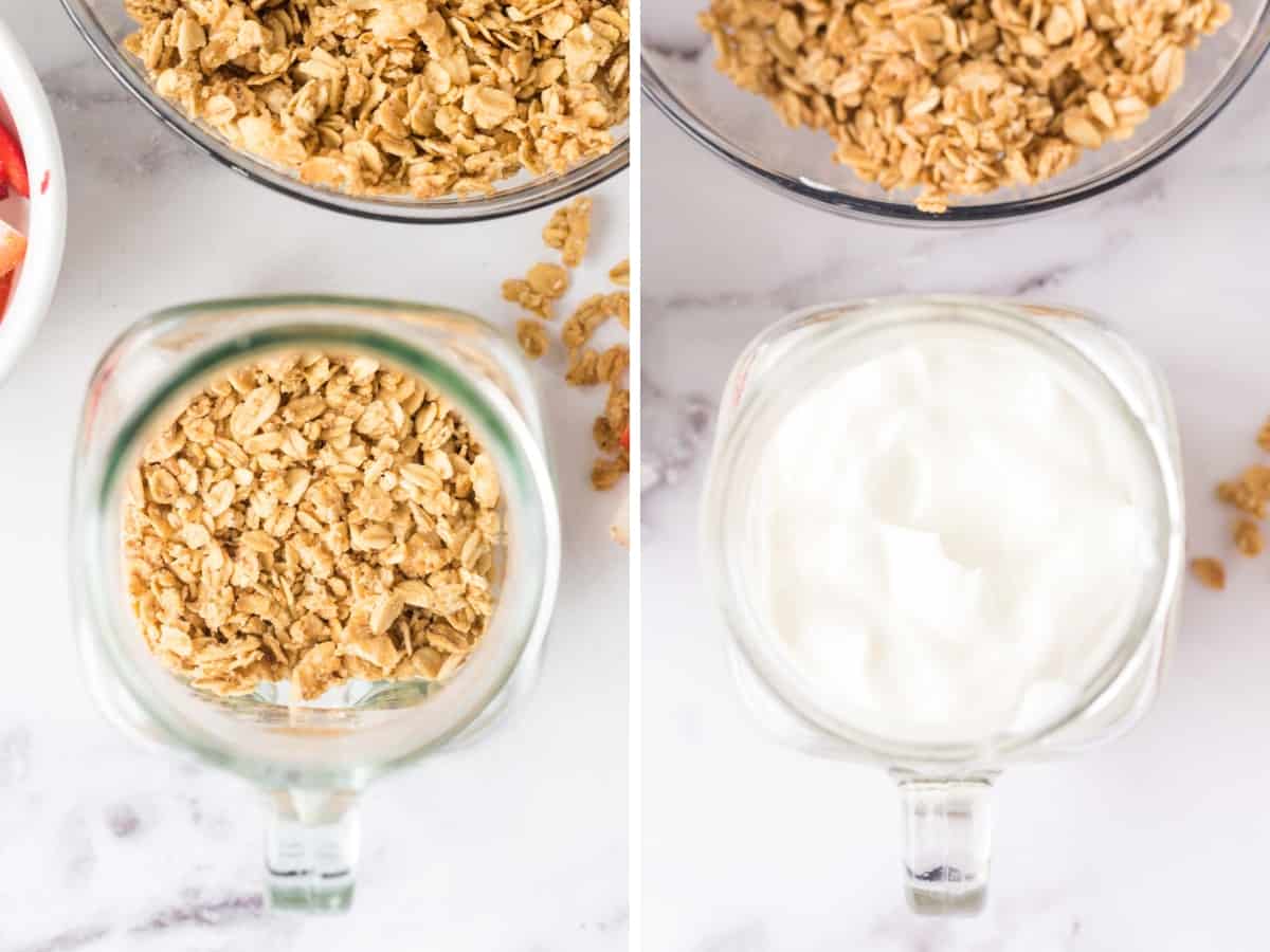 Jar with bottom granola layer added then yogurt on top of that.