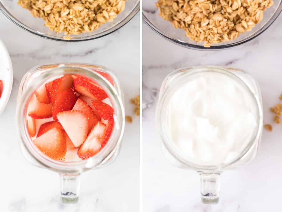 Jar showing middle layers with fresh sliced strawberries added then yogurt on top of that.