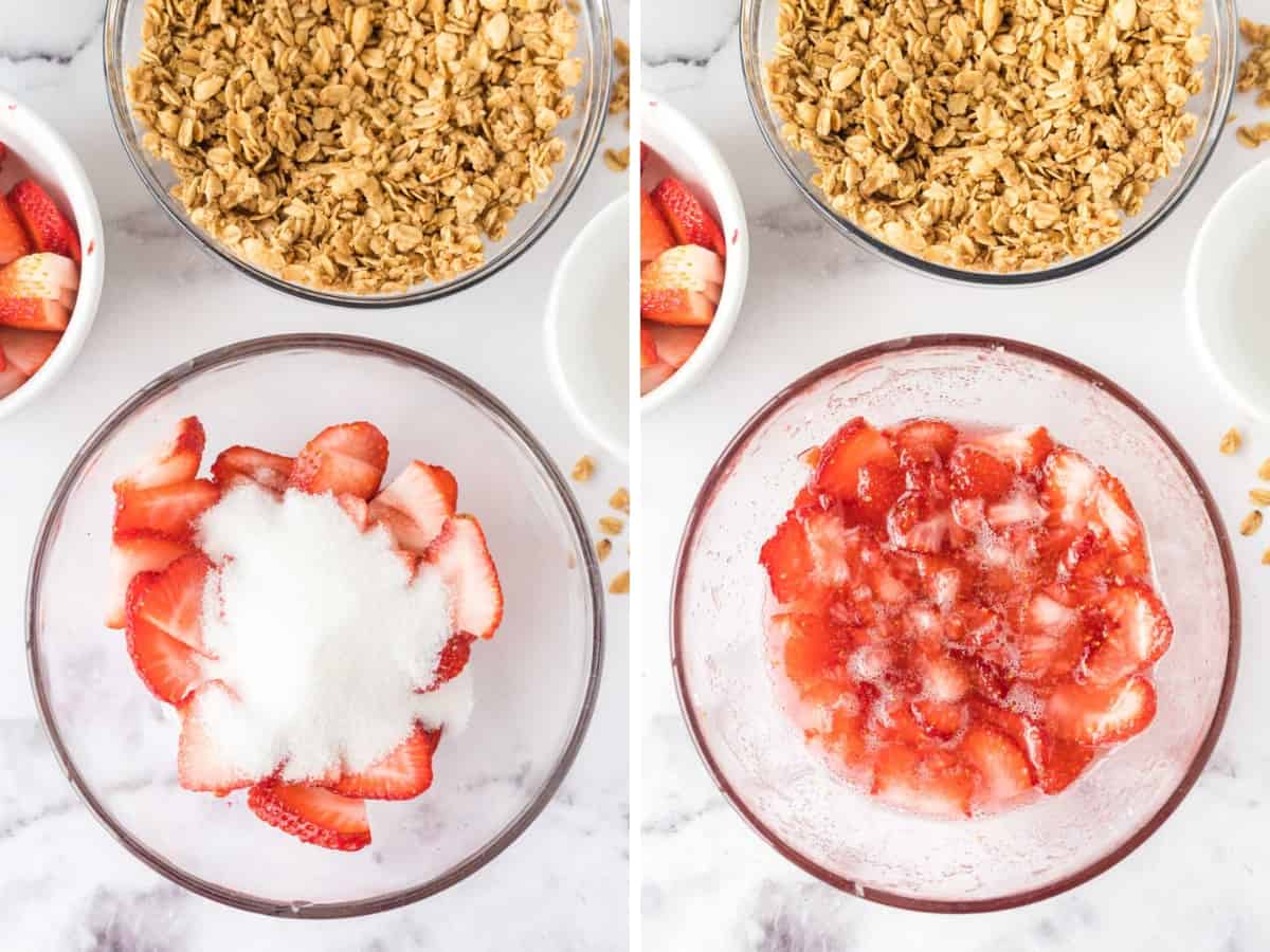 A bowl of sliced strawberries with sugar added, then a bowl showing after the berries have set for 15 minutes and become juicy.