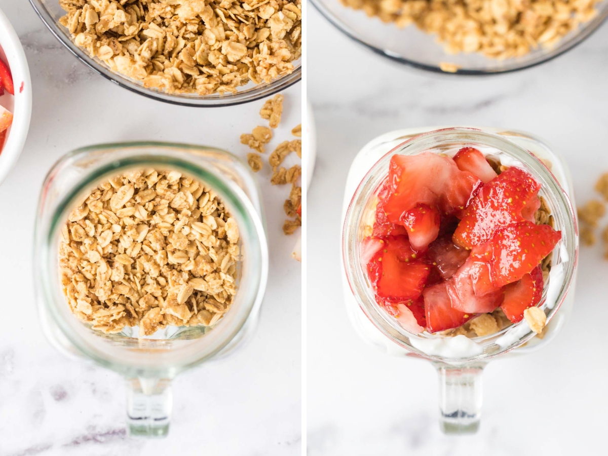 Jar showing tops layers with added then yogurt and then sugar soaked and mashed strawberries on top of that.