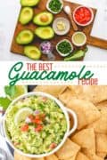 A pinterest collage image showing a cutting board filled with all ingredients needed for guacamole and an image of a bowl filled with guacamole surrounded by chips.