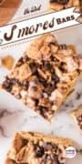 Best S'mores Bars image featuring a bar cut out of the pan wittopped with mini chocolate chips.