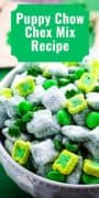 A Pinterest image of a bowl of St Patrick's Day Lucky Chow snack mix.