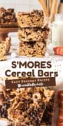 2 image Pinterest Pin collage of stacked S'mores Cereal Bars showing the cereal inside and the chocolate chips on the top.