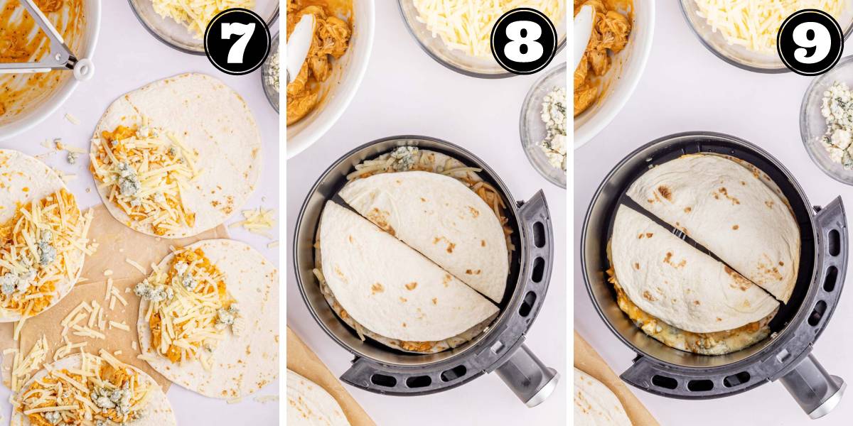 Collage images show the assembled buffalo quesadillas, placing them in the air fryer basket, and after being air fried.
