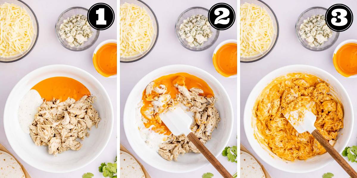 Collage images show the steps to mix the buffalo-chicken mixture together.