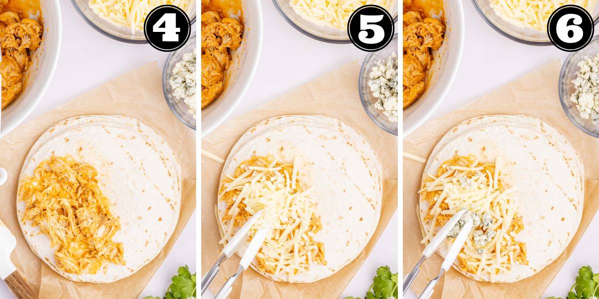 Collage images show the steps to assemble the chicken quesadillas with the buffalo chicken mixture and then adding cheeses.