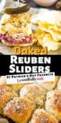 Pinterest collage images showing a reuben slider with chips and the sliders all together in baking dish.