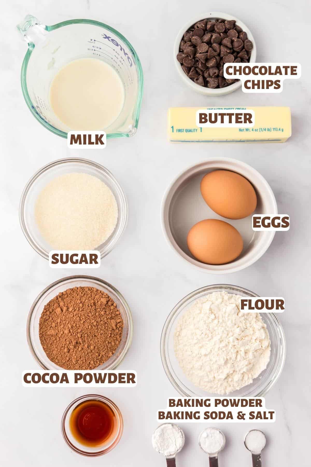 A labeled image of the ingredients needed to make cake like brownies.